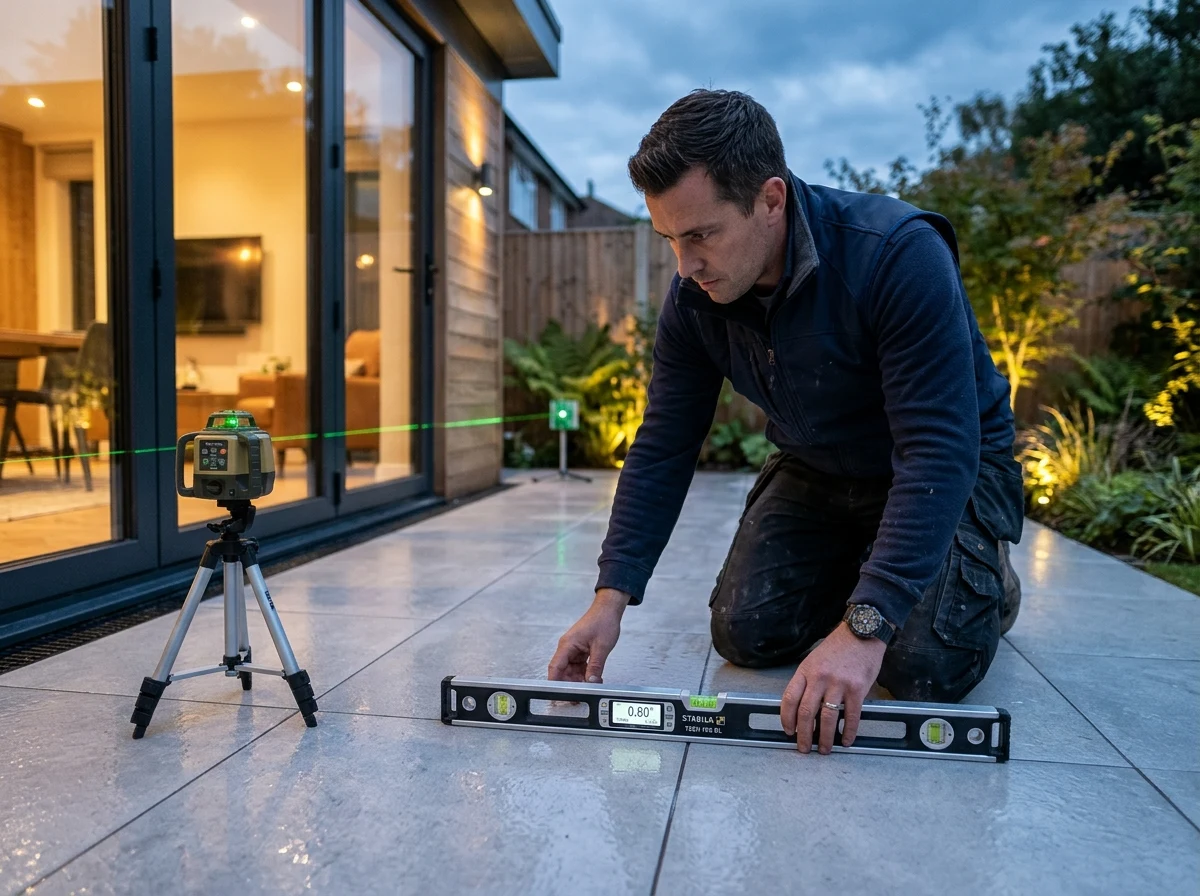 Callum Mercer checking 1:80 laser fall into a flush ACO threshold drain channel at bifold doors