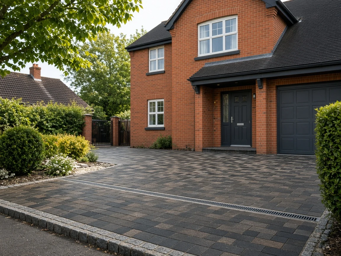 Chester Road North Poynton SK12 64m² charcoal block driveway with silver granite kerbs and ACO threshold drain