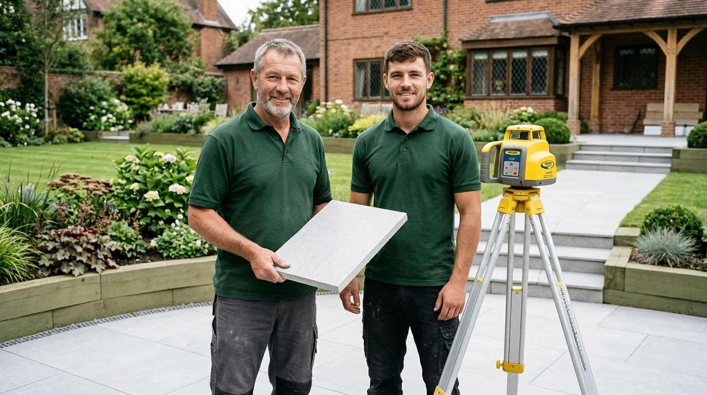 Father and son master landscapers David Mercer and Callum Mercer holding a 20mm Italian vitrified porcelain slab beside their Leica rotary laser level