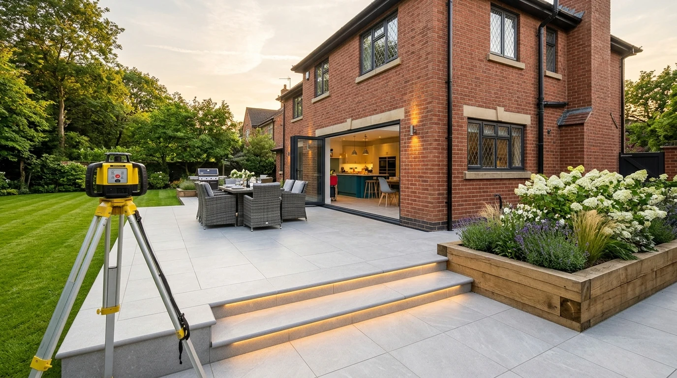 Completed 68m² two-tier 20mm R11 Italian vitrified porcelain terrace with green-oak sleeper raised beds and rotary laser level in Pownall Park, Bramhall SK7