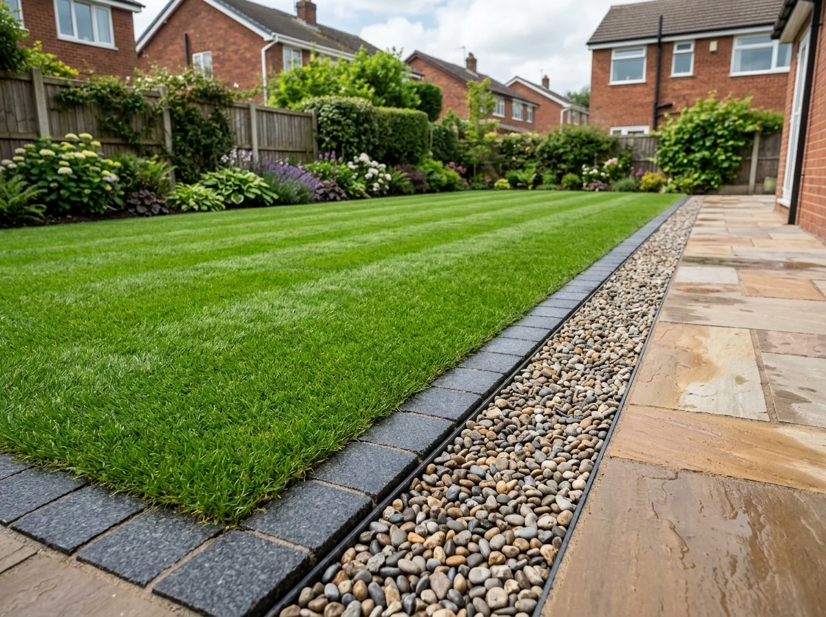 Laser-graded Rolawn Medallion turf lawn with charcoal granite mowing stone edging and pea-shingle French land drain channel in Stockport